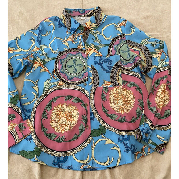 NWT Made with Love Blouse Womens Medium Boho Silky Blue Collared Button Up Shirt - Picture 6 of 14